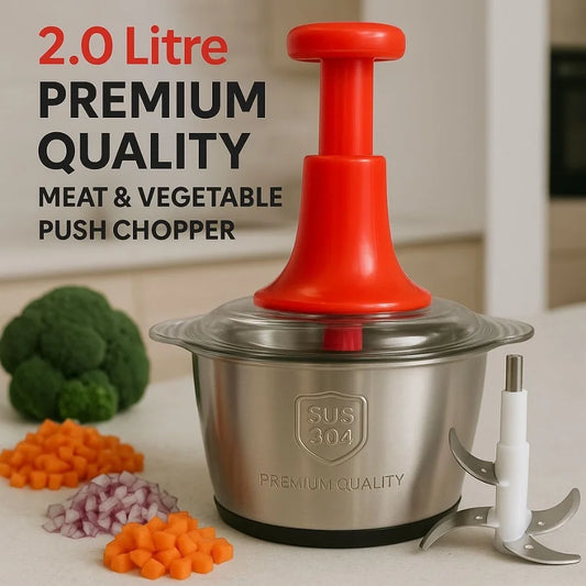 2L Manual Food Chopper | Stainless Steel Bowl & 4 Sharp Blades Manual Hand Push Food Chopper